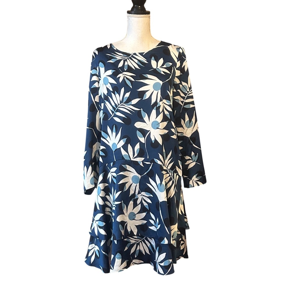 NWT Maggy London floral print shift tiered ruffle mini dress SZ 14P‎ Navy White